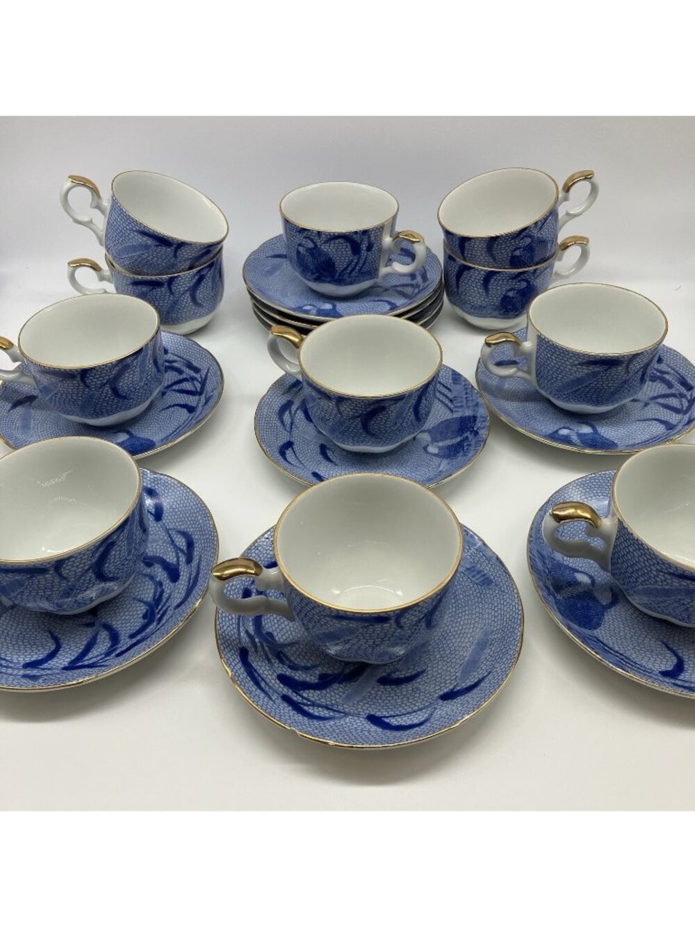 Arita Blue Chinese Quail Porcelain Tea Cups & Saucers Set Japan Gold Trim 21 Pc